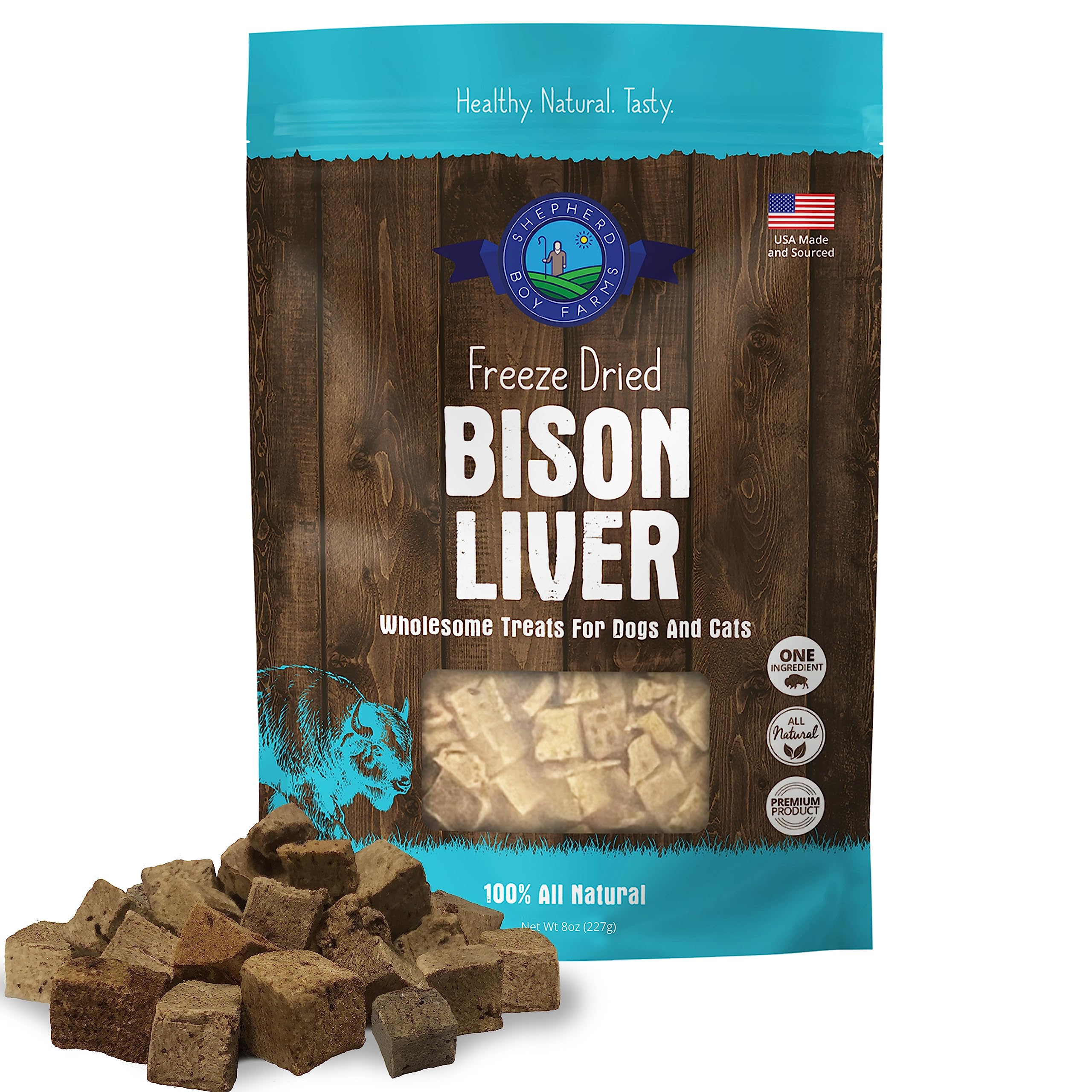 Shepherd Boy Farms freeze-dried bison liver treats packaging, single-ingredient protein snack.