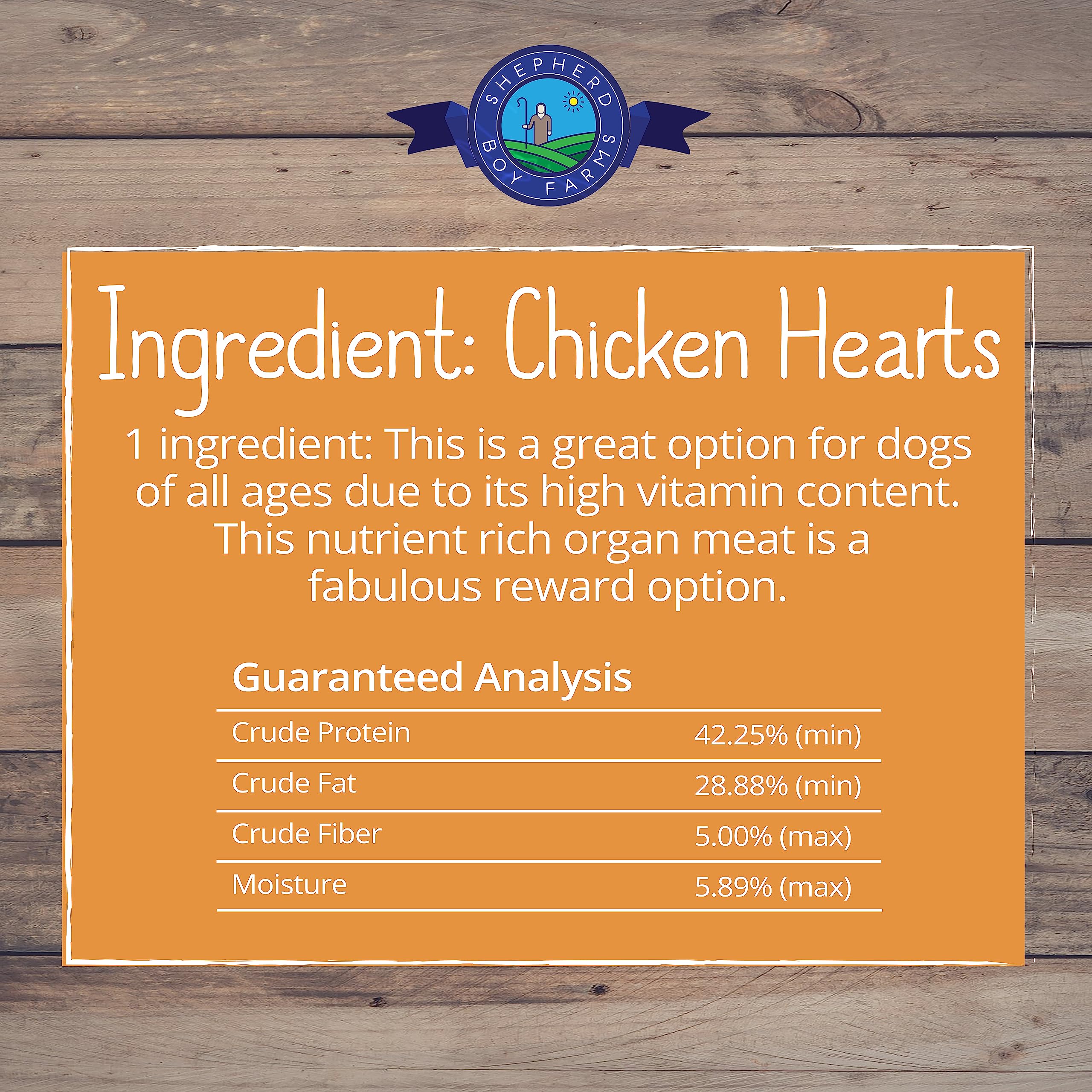 Shepherd Boy Farms freeze-dried chicken heart bag, farm-to-table freshness for pets.