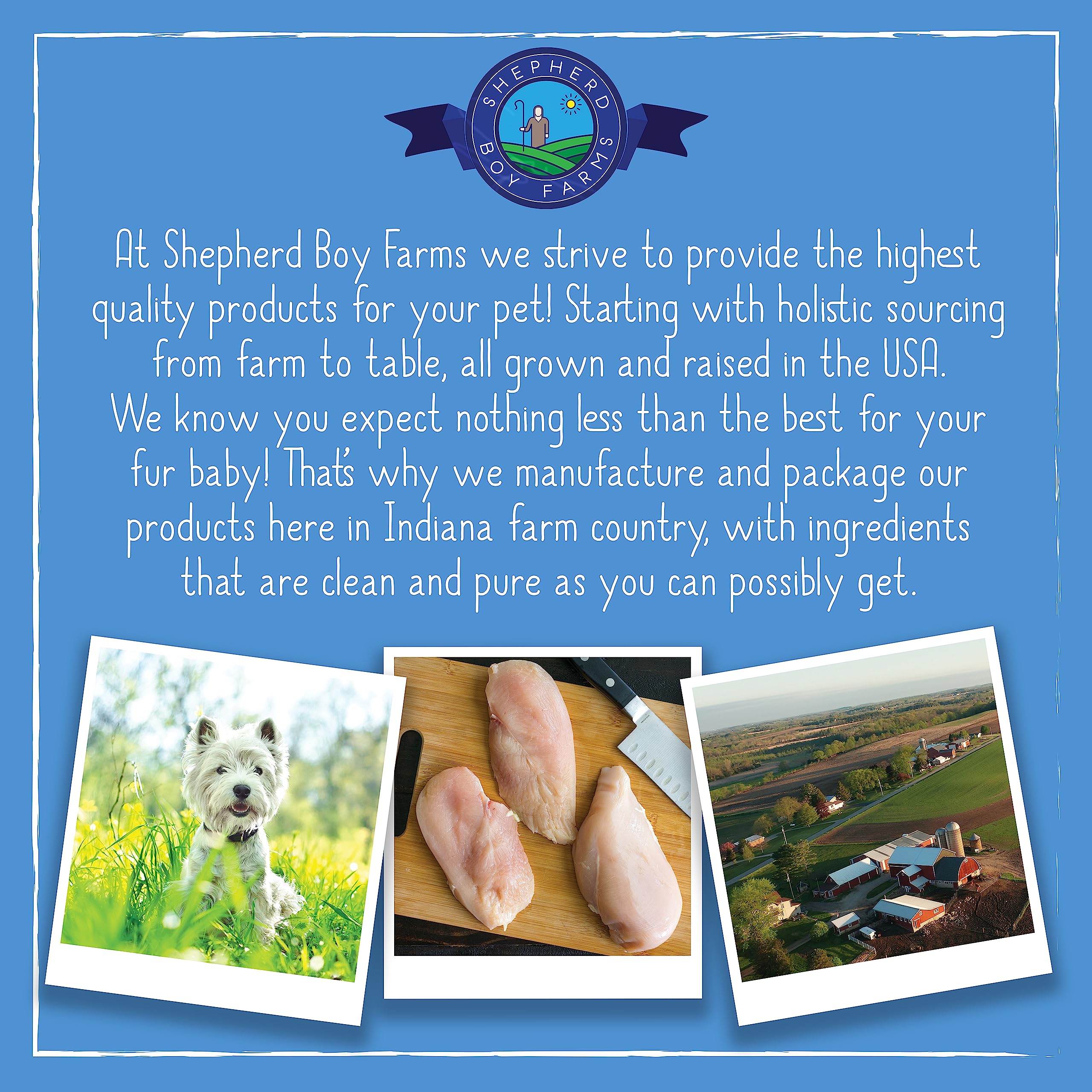 Shepherd Boy Farms Indiana farm logo, genuine origin for pet snacks.