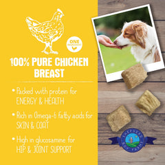 Shepherd Boy Farms trozos de pollo liofilizados, textura crujiente para entrenamiento.