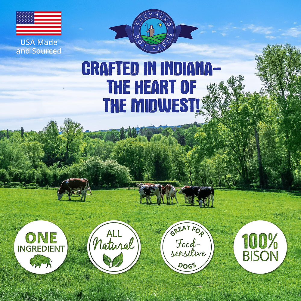 Shepherd Boy Farms USA-made bison liver snacks on display, high-protein dog and cat treat.