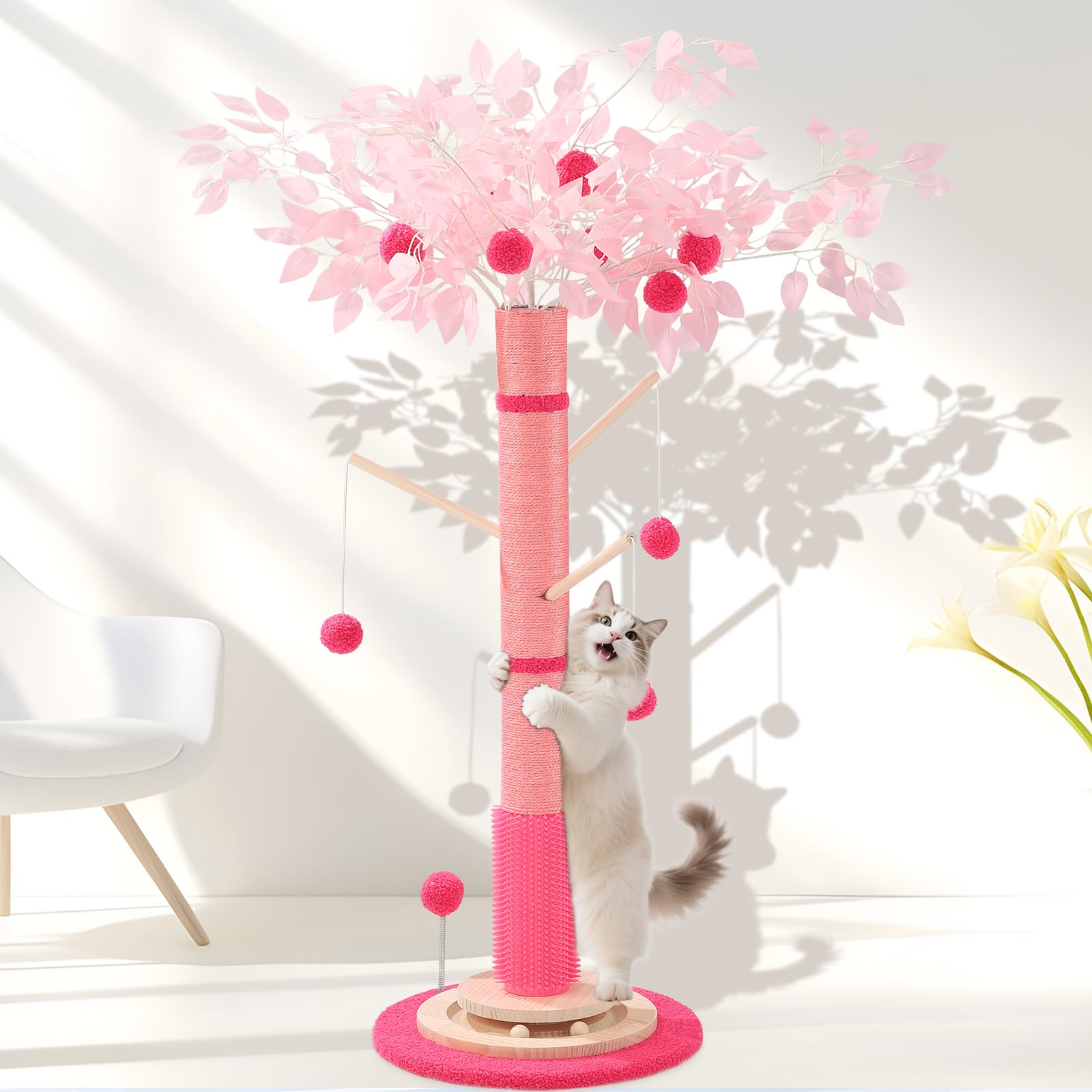 Sheripet 45-inch tall pink cat scratching post provides vertical stretch space for indoor cats.