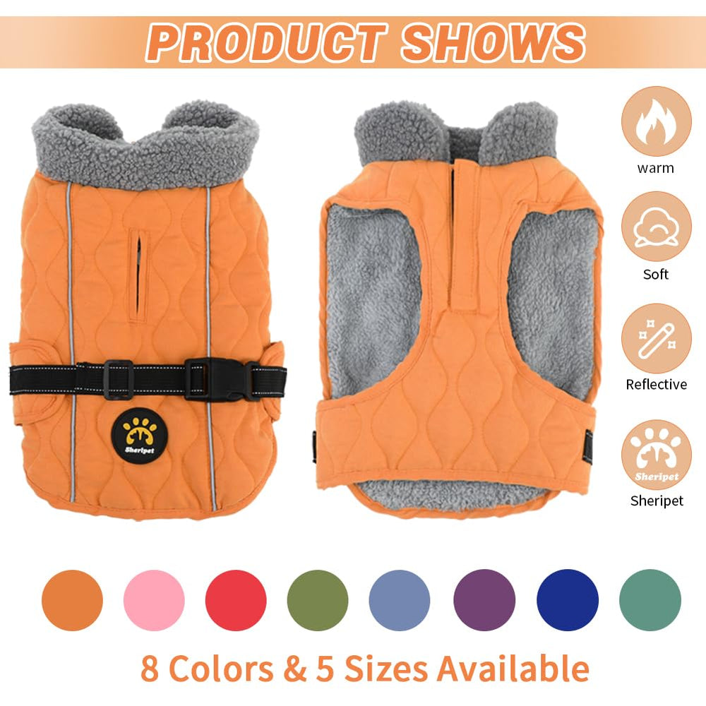 Sheripet dog coat adjustable buckle demonstrates easy-on secure closure for cold walks