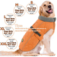 Sheripet Orange XL dog coat back view highlighting windproof exterior and snug fit