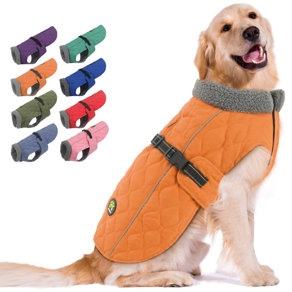 Sheripet Orange XL dog coat front view showing warm fleece lining for cold weather