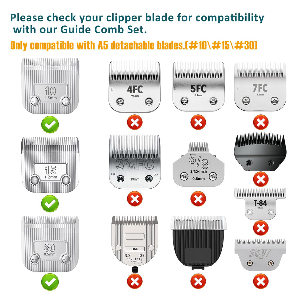 Shernbao eight-piece A5 comb set covering 10/15/30 blade sizes for versatile trims