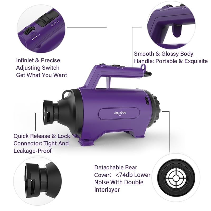 Shernbao dog dryer high velocity in-use shows reduced noise for sensitive pets