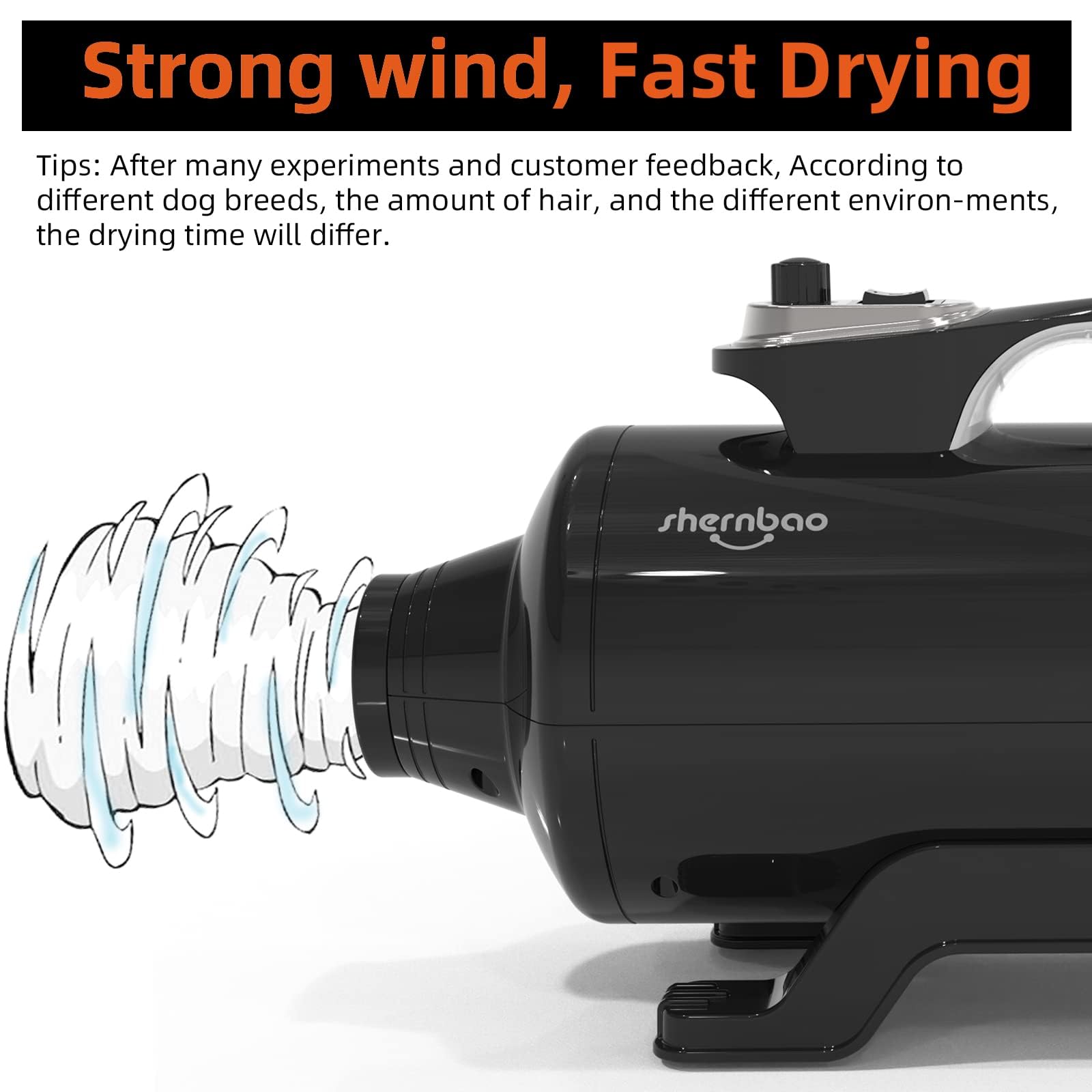 Shernbao dog dryer jet-black hose-length demonstrates flexible reach for safe grooming