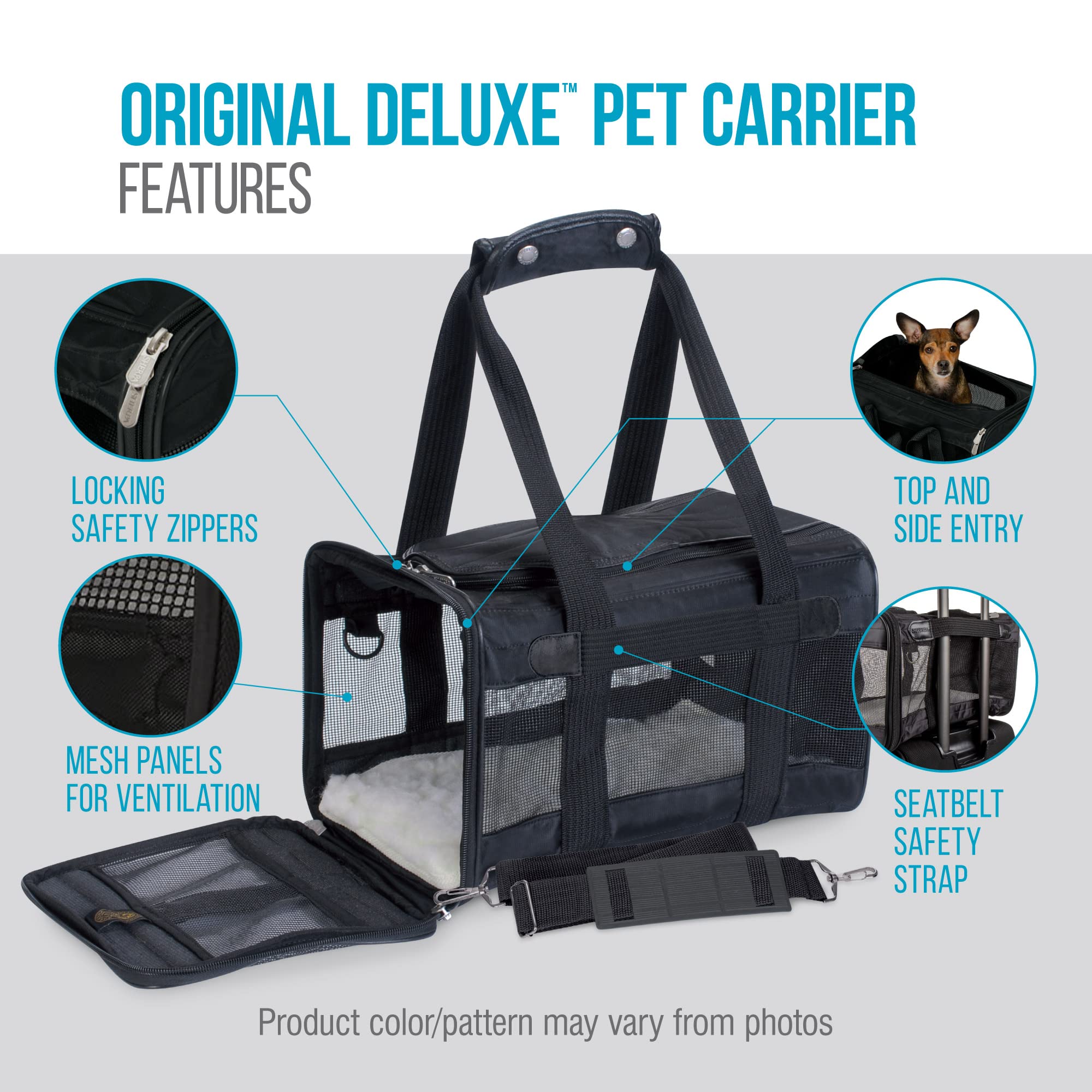 Sherpa Original Deluxe Medium durable zippers secure the carrier during travel