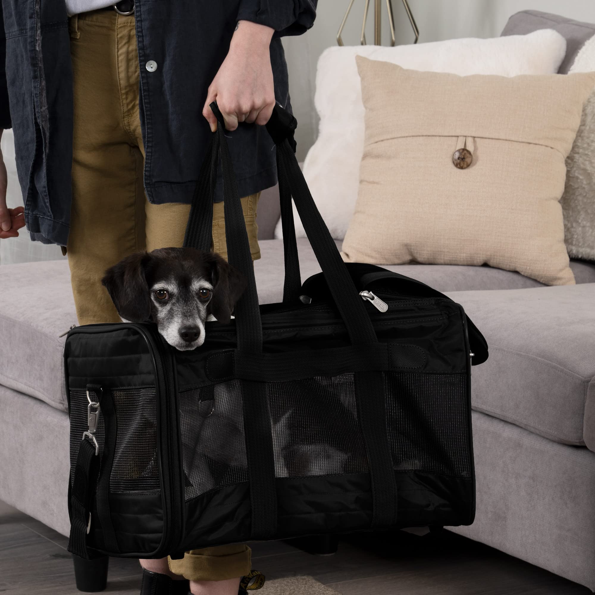 Sherpa Original Deluxe Large Carrier demonstrates breathable mesh panels for pet comfort