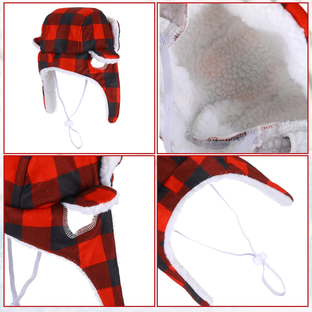 Sherr dog winter hat red plaid fabric close-up soft cotton plush feel