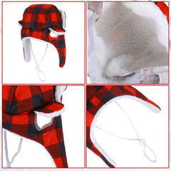 Sherr dog winter hat red plaid fabric close-up soft cotton plush feel