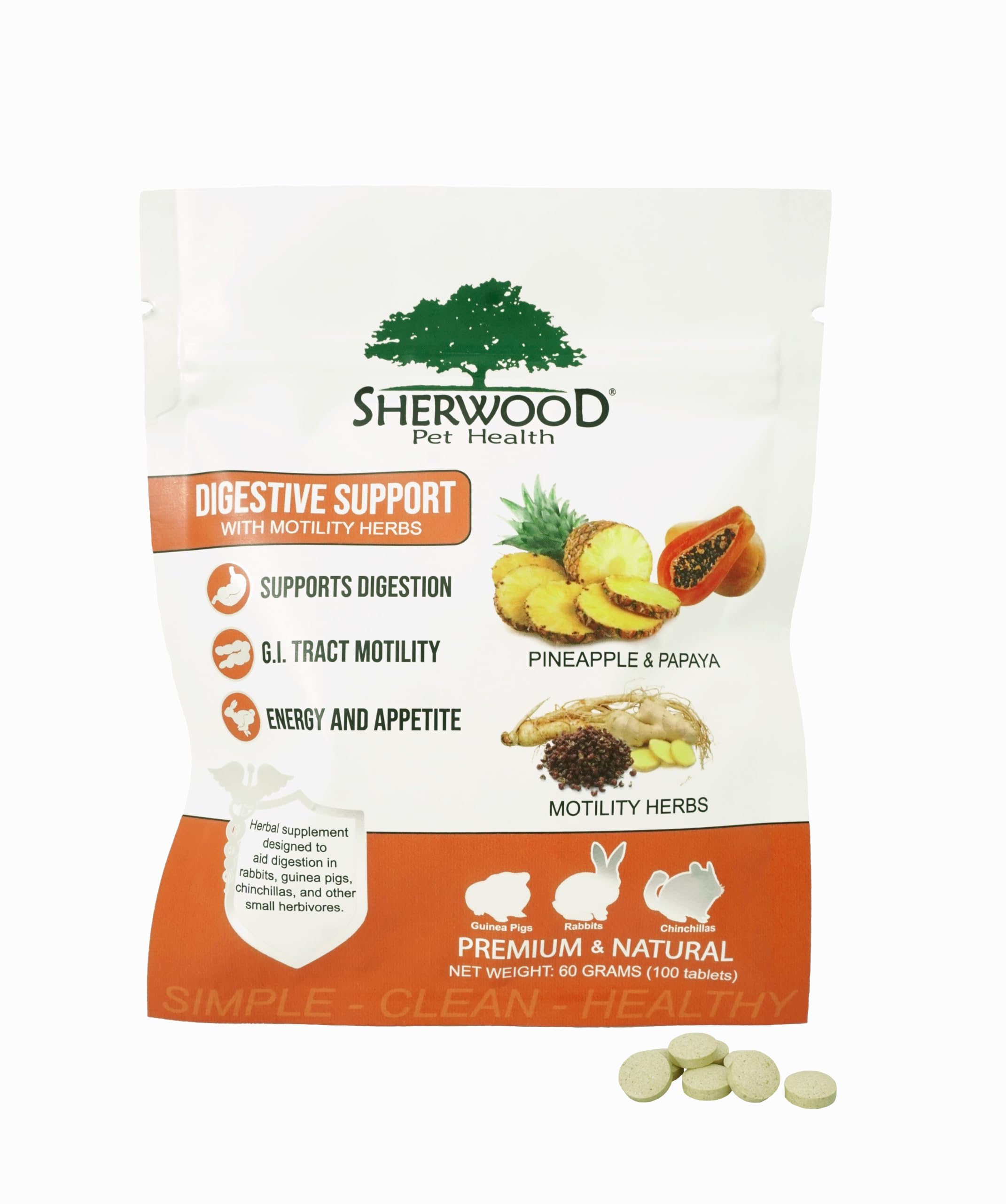 Sherwood Pet Health digestive papaya tablets front view for convenient digestive support.