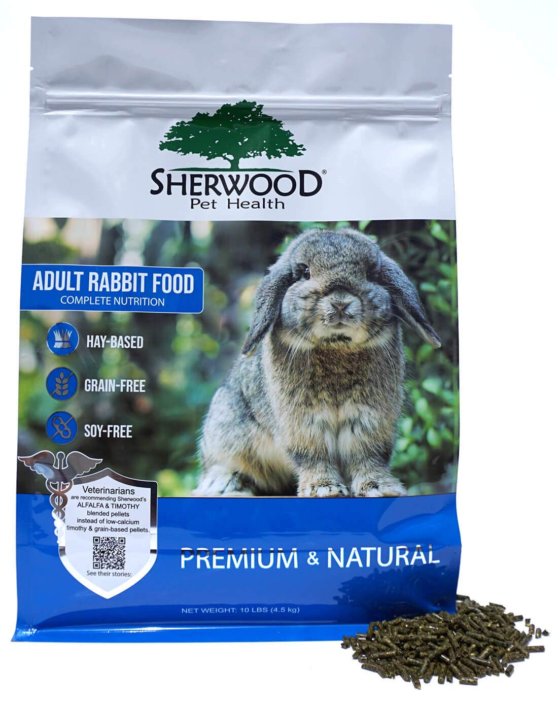 Sherwood Pet Health rabbit food 10lb bag showcases hay-based formula for digestion.