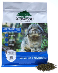 Sherwood Pet Health rabbit food 10lb bag showcases hay-based formula for digestion.