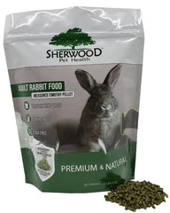 Sherwood Pet Health rabbit food packaging shows Timothy hay pellets for adult rabbits, grain-free and soy-free.