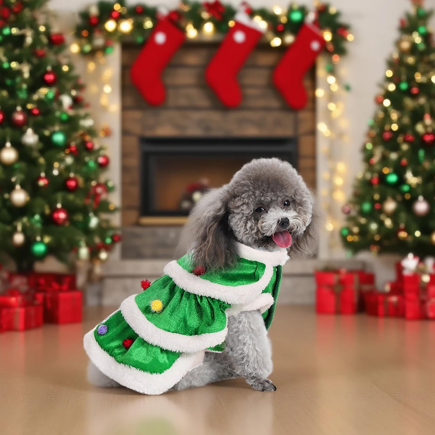 SHIAOMIN WORDERFUL dog Christmas tree dress in holiday setting suggests festive party-ready style.