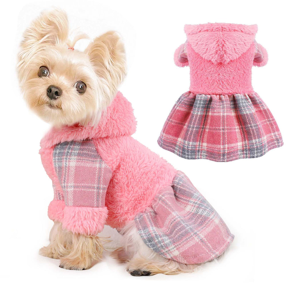 Shifenmei dog hoodie plaid pink front view shows cozy fleece warmth for small dogs.