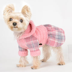 Shifenmei dog hoodie plaid pink side view highlights everyday wear for chilly walks.