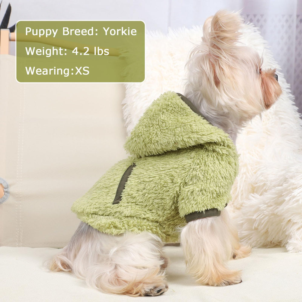 Shifenmei dog sweater hoodie green xxs fabric closeup soft fleece.