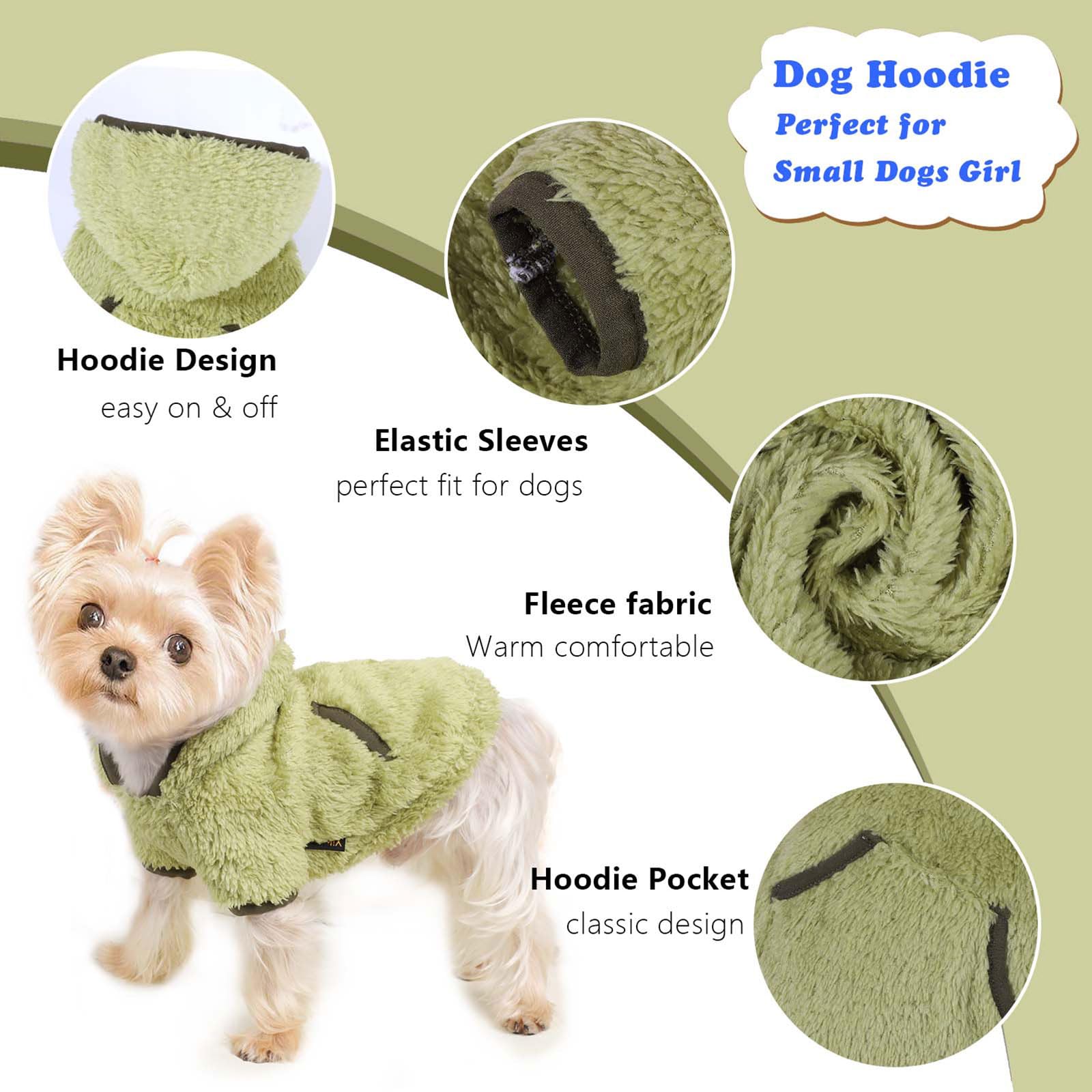 Shifenmei dog sweater hoodie green xxs hood detail highlights warmth.