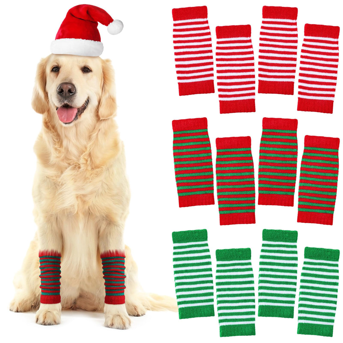 Shihanee Christmas dog leg warmers pack—festive stripes for warmth on walks.