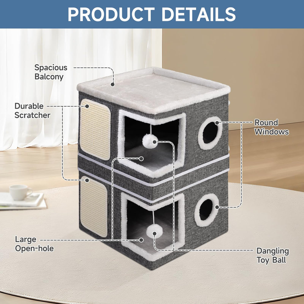 Shikha 2-storey cat house foldable design grey for easy storage and transport.