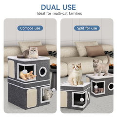 Shikha 2-storey cat house interior condos grey provides private retreats for multiple cats.