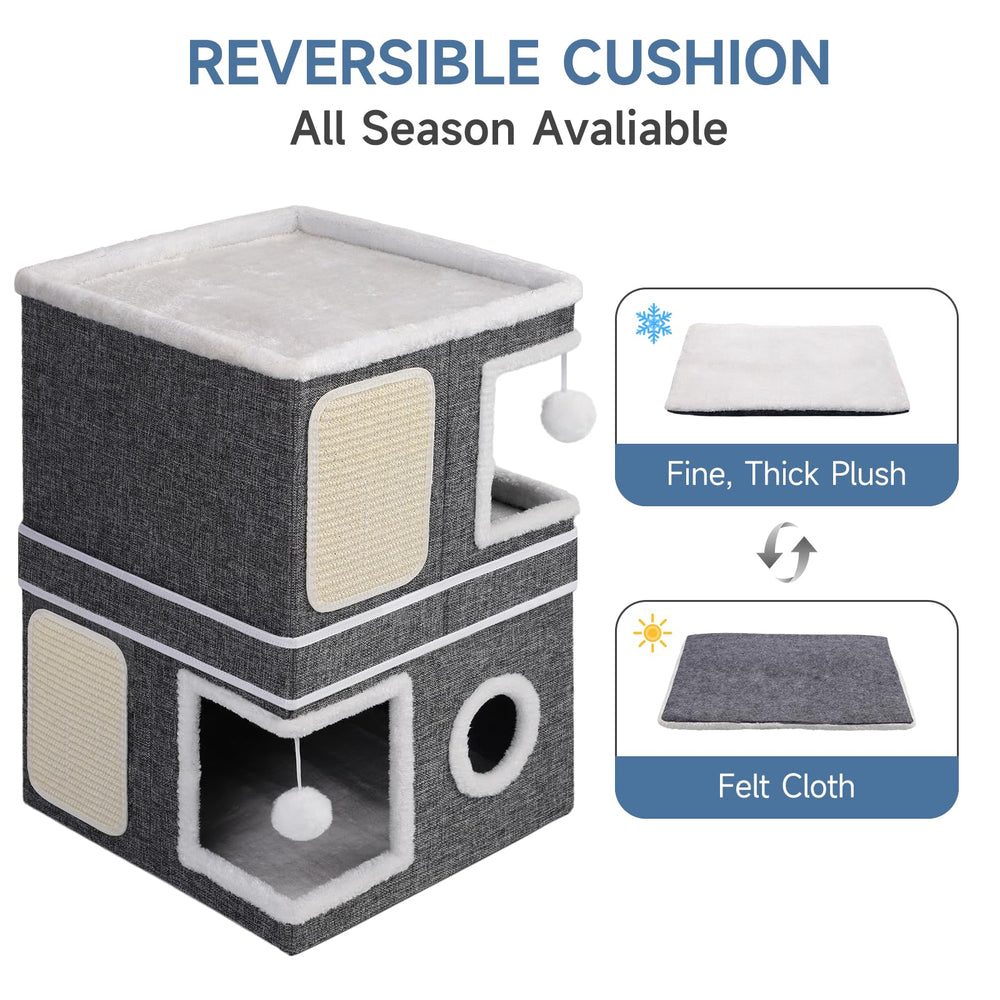 Shikha 2-storey cat house round window grey invites curious peeking and play.