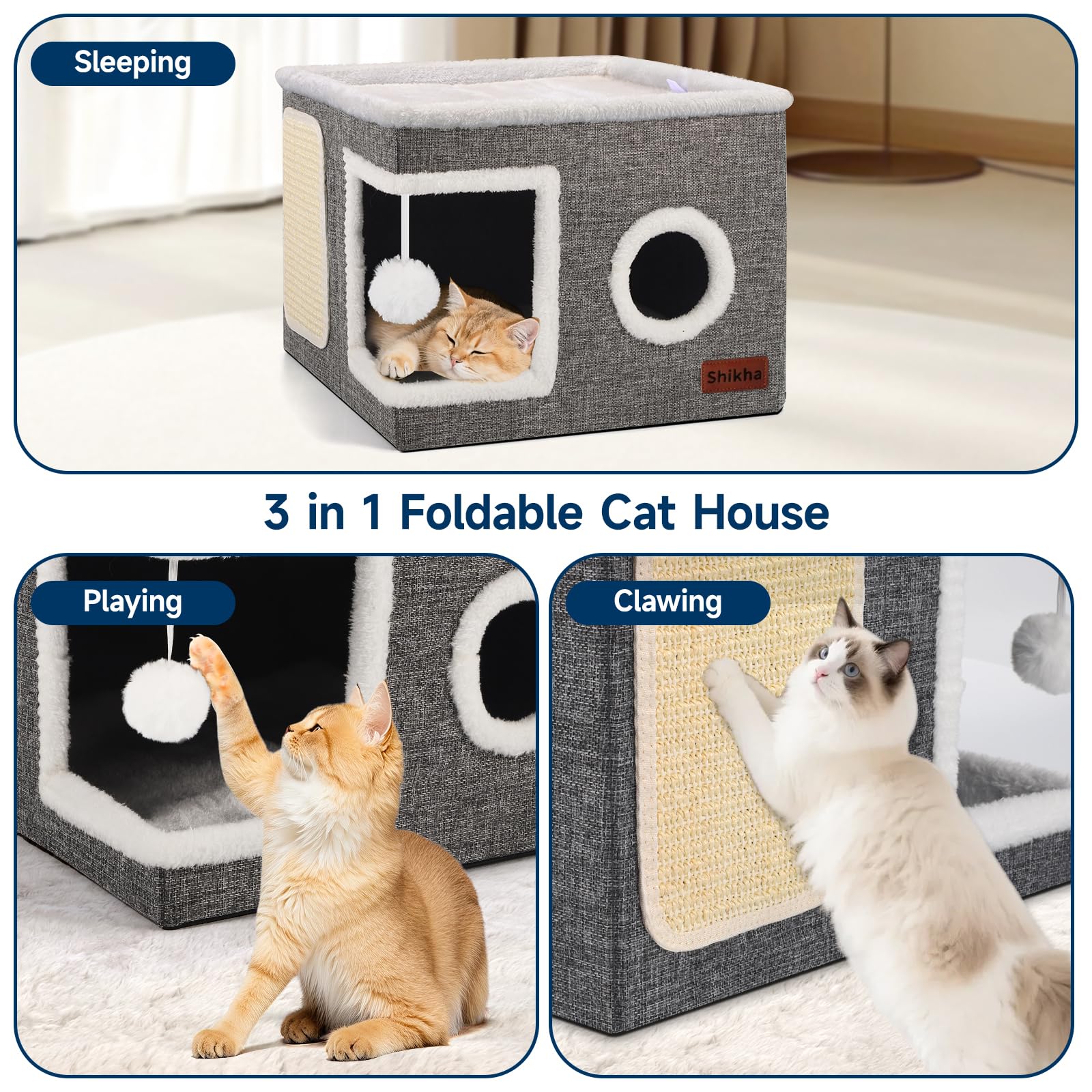 Shikha cat bed foldable indoor house grey folds flat for storage.