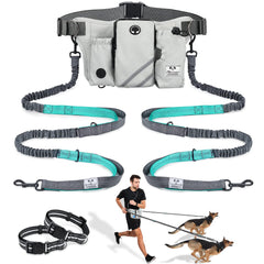 SHINE HAI dual-bungees leash for two dogs enables hands-free walking.