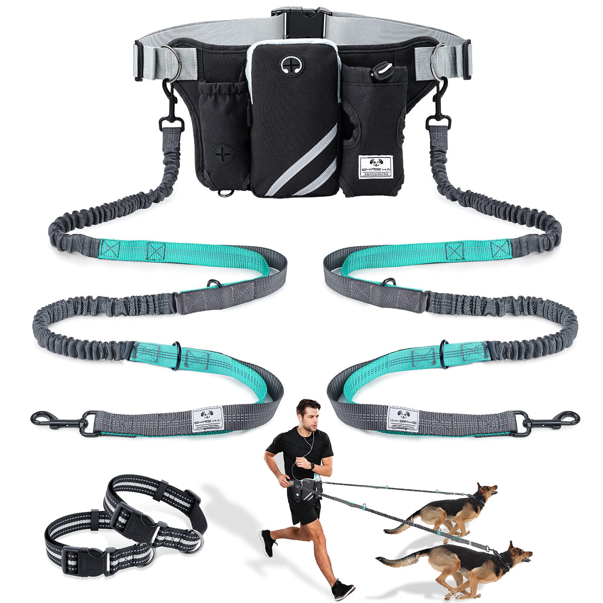 SHINE HAI retractable leash for two dogs enabling hands-free walking with secure setup.