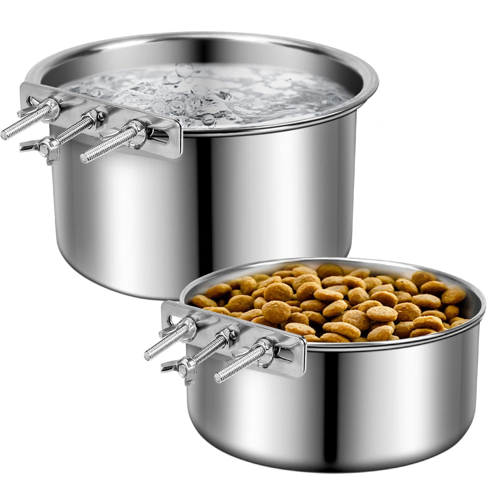 ShineMe stainless steel dog bowls setup with two bowls and brackets for crate use.