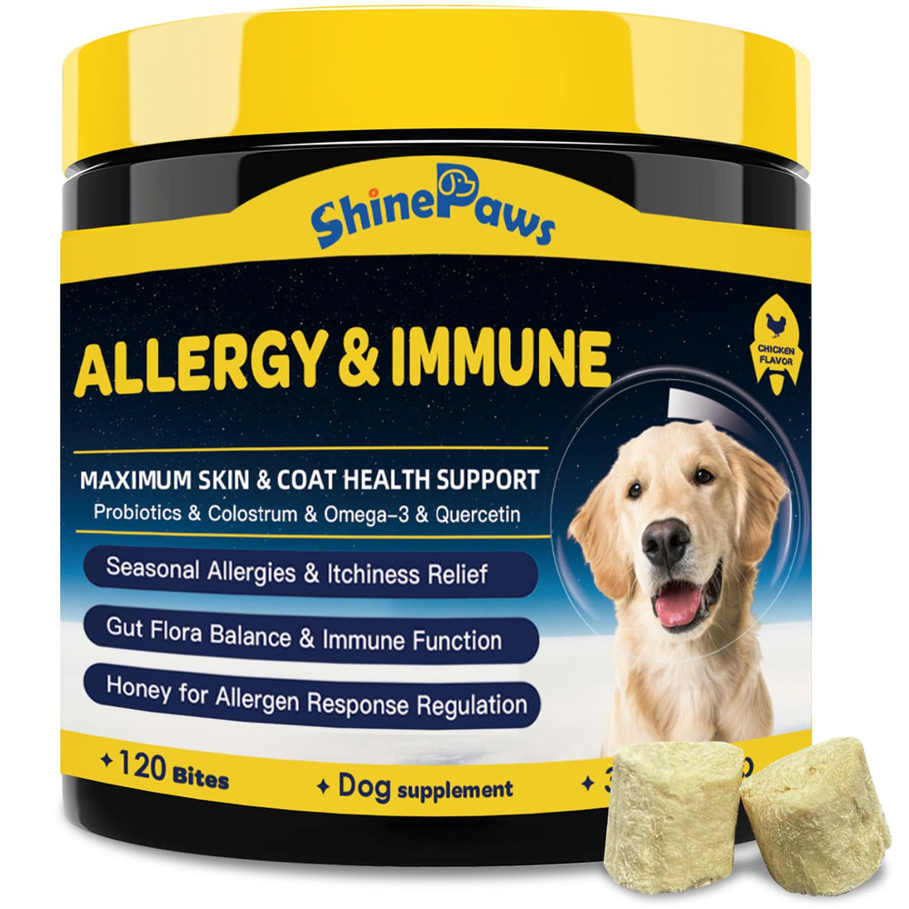 SHINEPAWS Allergy Chews bottle-front indicating immune support for dogs during allergy season.