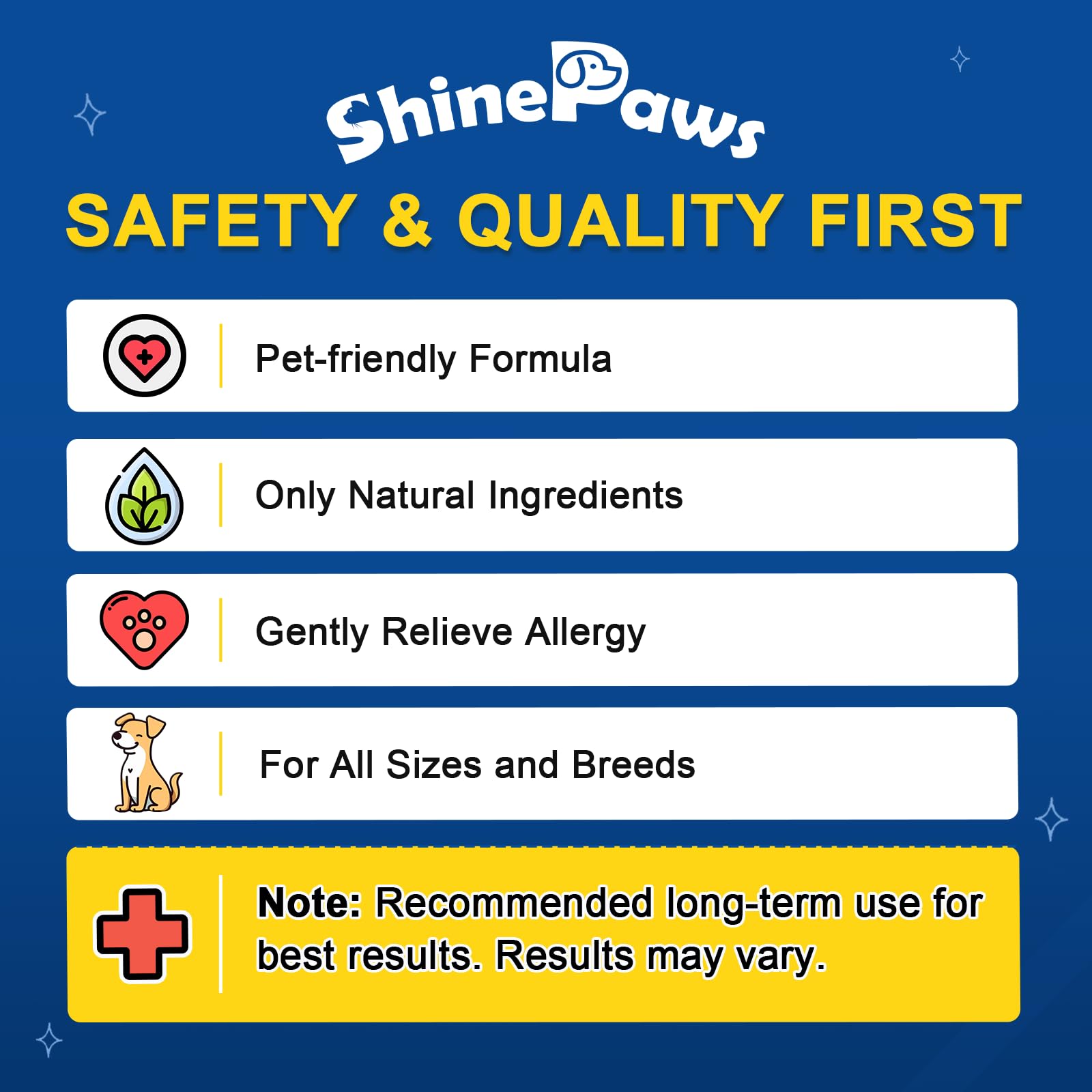 SHINEPAWS Allergy Chews puppy-use image indicates suitability for dogs of all sizes.