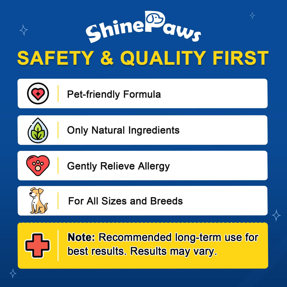 SHINEPAWS Allergy Chews puppy-use image indicates suitability for dogs of all sizes.