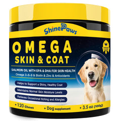 SHINEPAWS Omega3 dog treats packaging promotes easy feeding and daily skin support