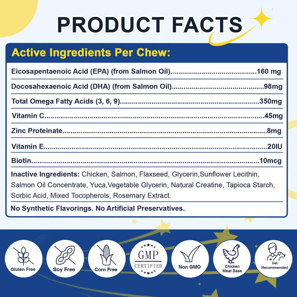 SHINEPAWS Omega3 ingredients show chicken, wild Alaskan salmon, zinc and biotin for skin and coat