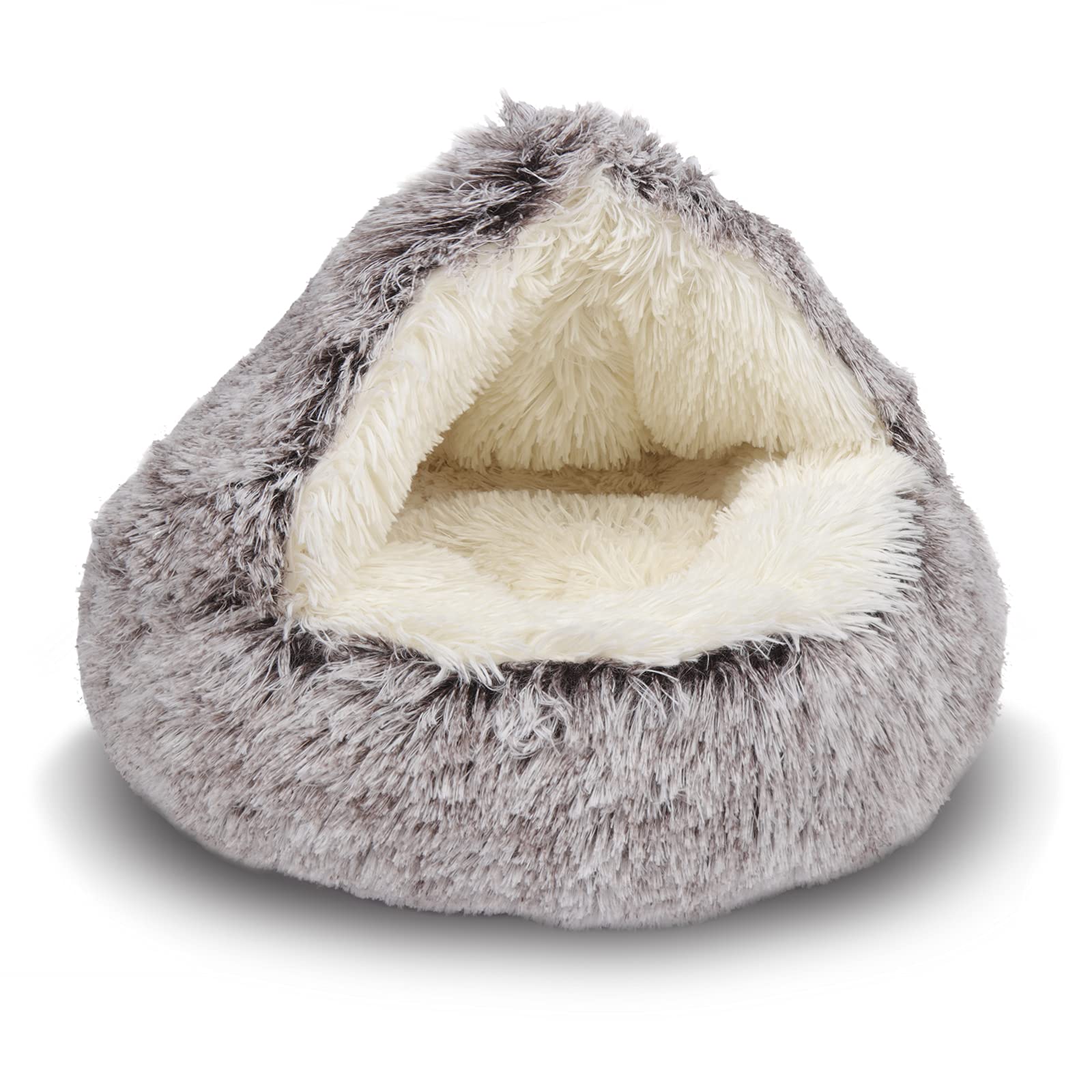 ShinHye round plush hooded cat bed front view offers a cozy indoor retreat.