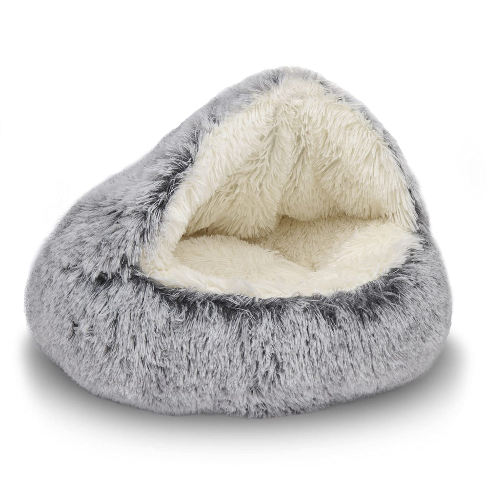 Shinhye cat bed round hooded cave top view shows plush round den for calming naps