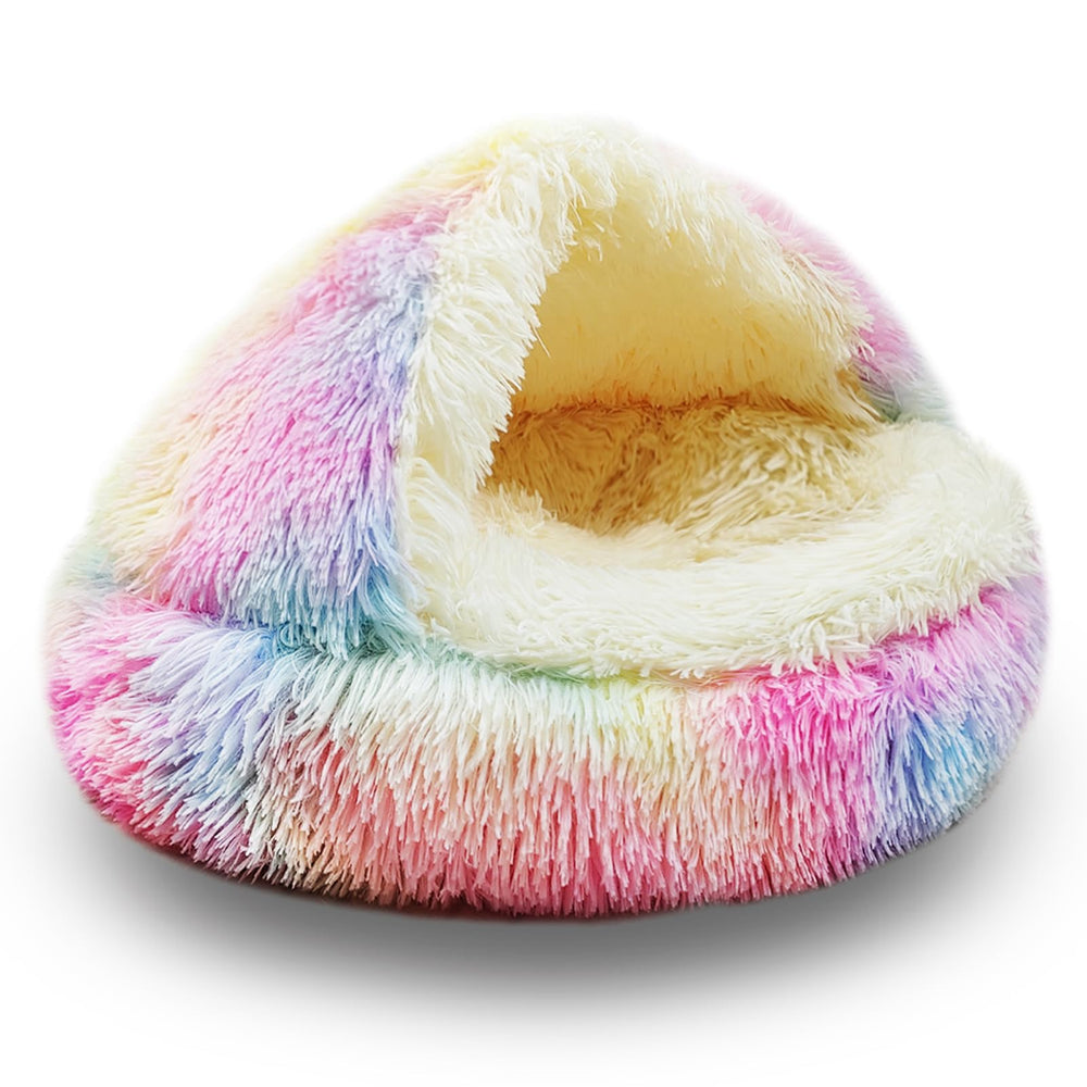 ShinHye round plush hooded cat bed top view shows a secure cozy hideaway.