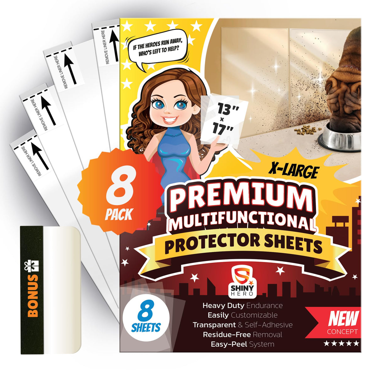 Shiny Hero wall sheets 8-pack protect walls from claw scratches and mess.