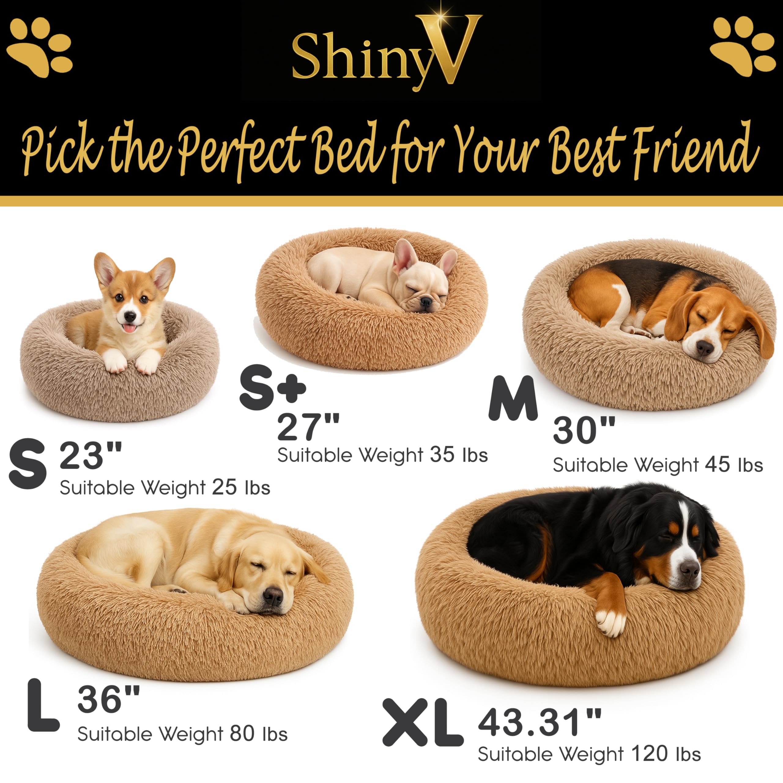 SHINY-V Calming Dog Bed in cozy camel works for dogs and cats.
