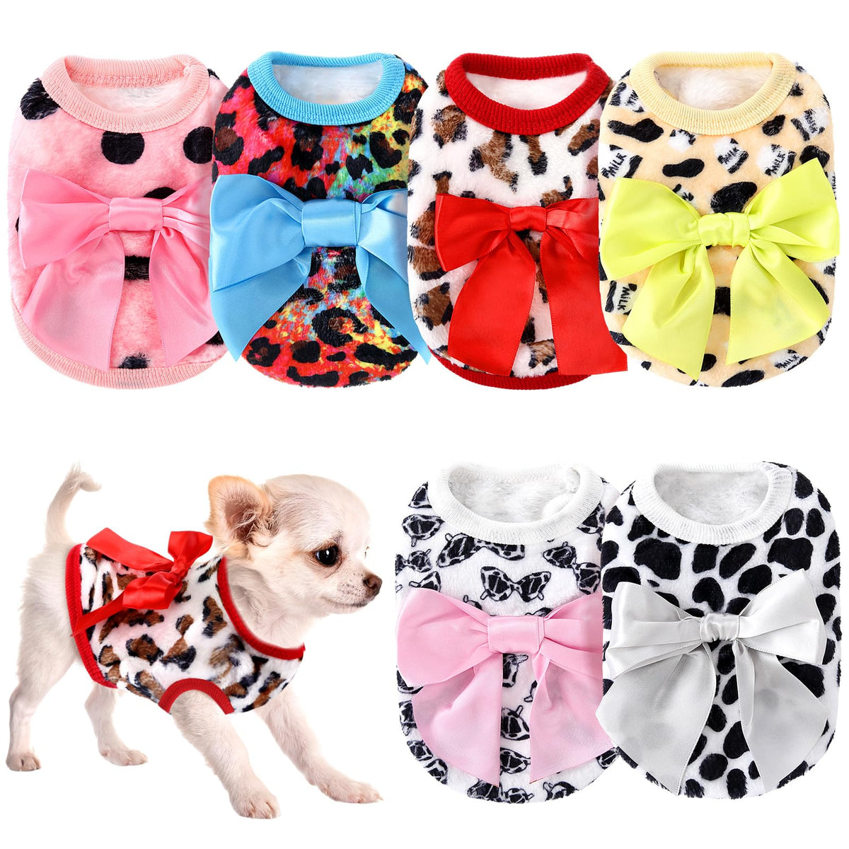 Shinylin leopard-pattern dog sweater from the 6-piece set provides cozy warmth for teacup breeds