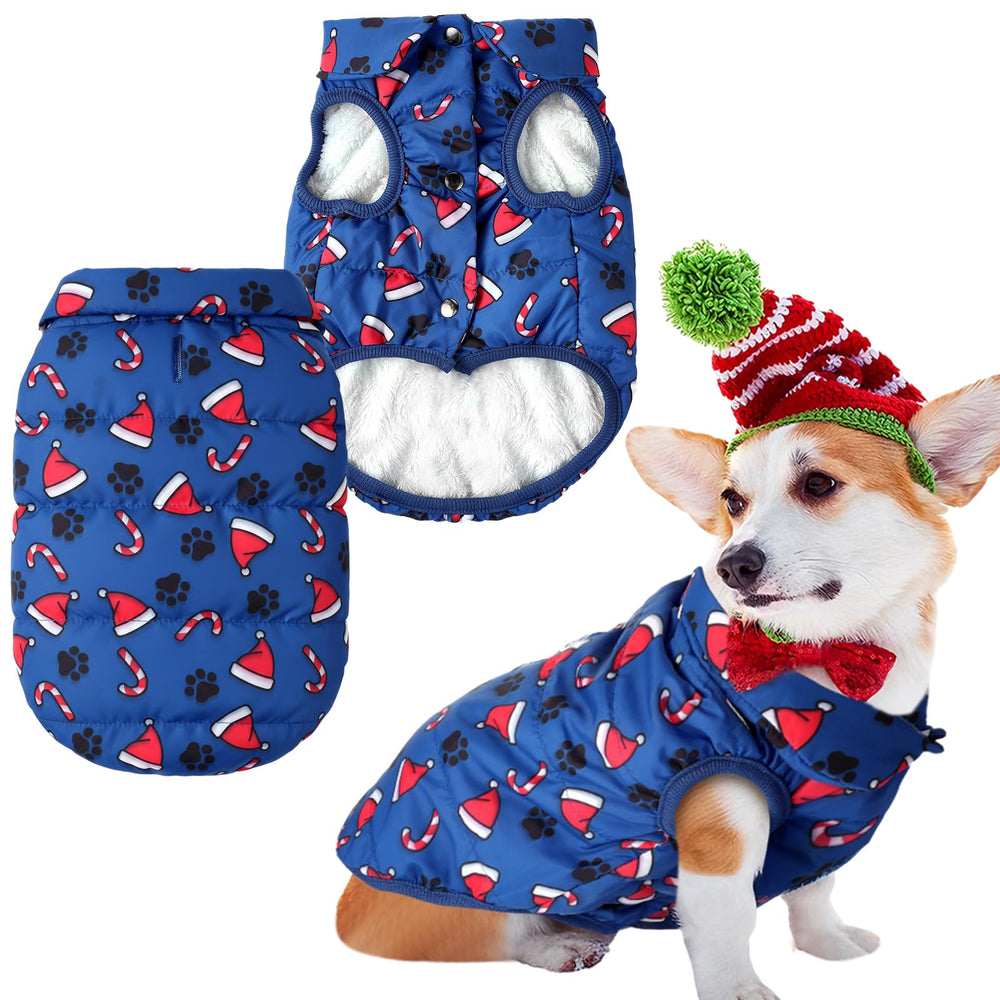 Shinylin Christmas dog coat blue small front view with festive stripes for holiday walks
