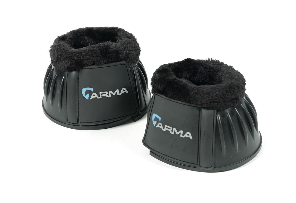 Shires ARMA fleece trim bell boot in black provides full front hoof protection and comfort.