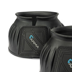 Shires Overreach Bell Boots rubber-fastening closeup emphasizing secure, easy closure.