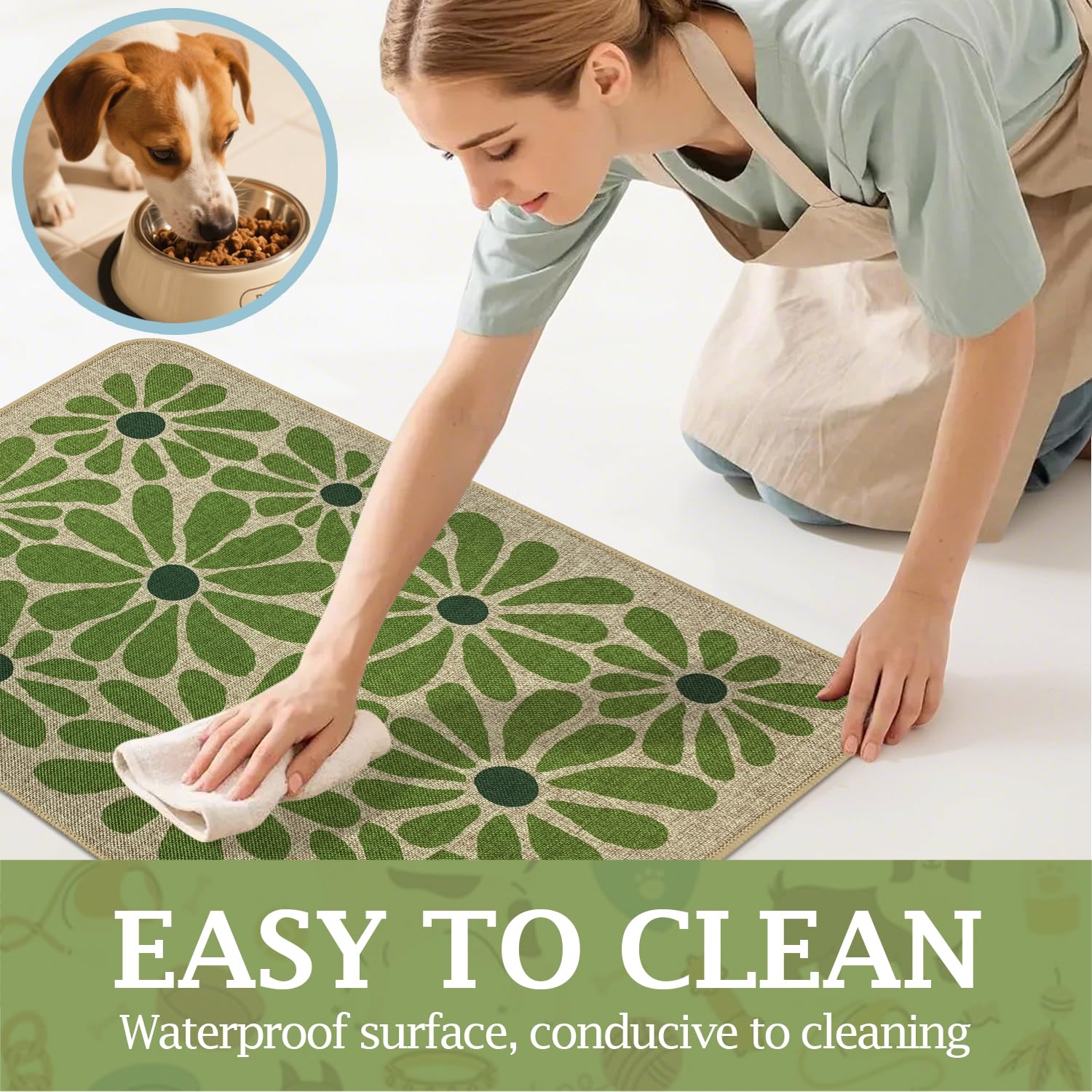 SHIYUE dog food mat waterproof backing helps contain spills.