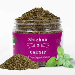 Shizhoo Catnip packaging with leaves and flowers highlights premium organic sourcing for safe play.
