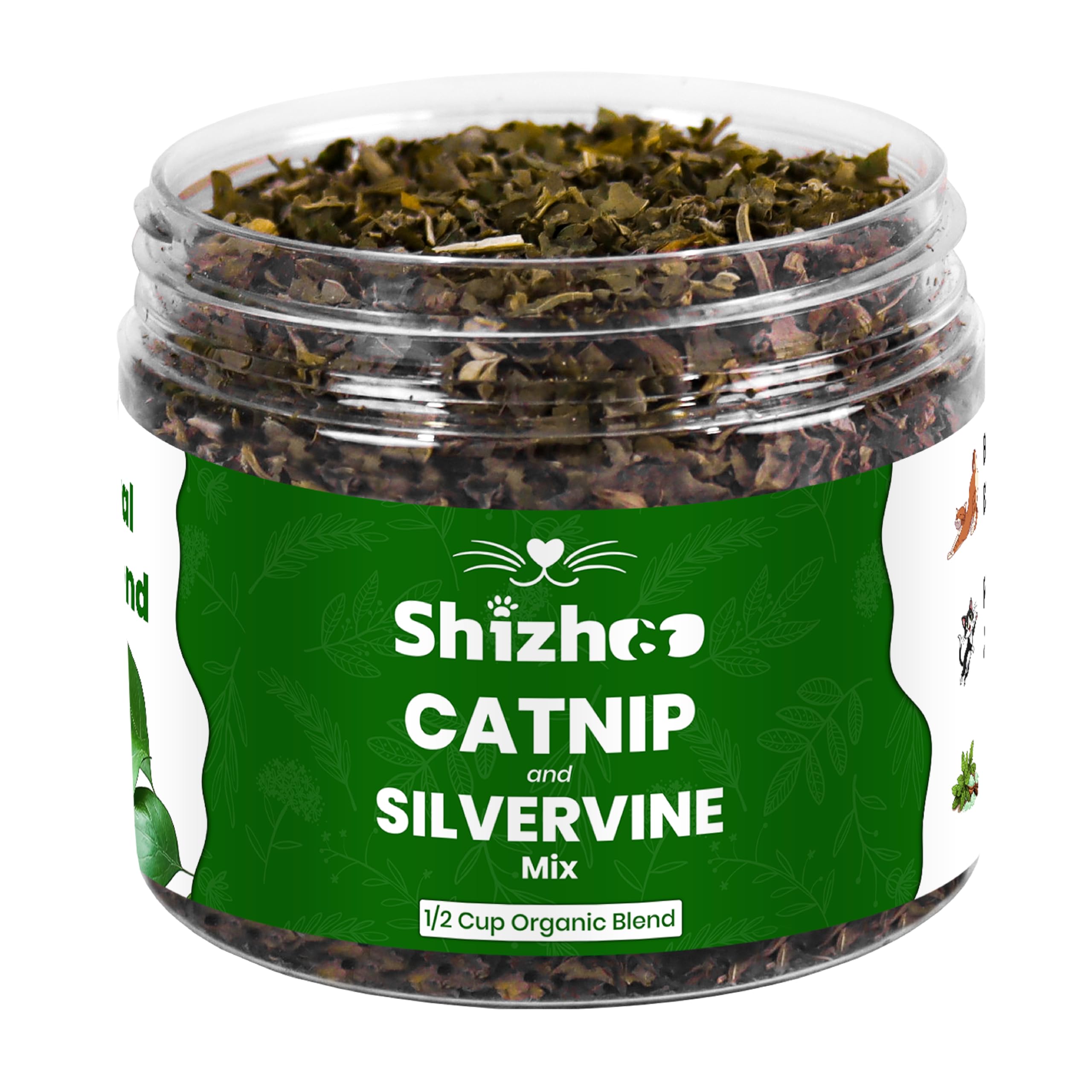 Shizhoo Catnip-Silver-Vine jar closeup showing organic blend for engaging play
